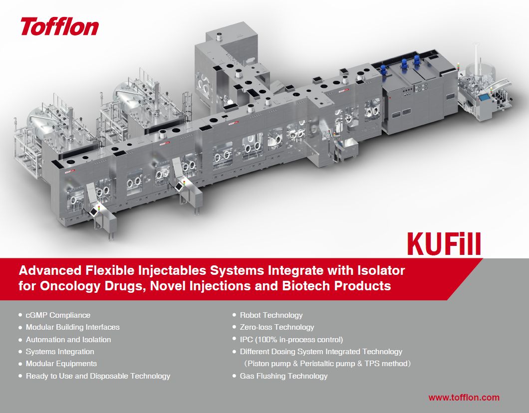 KUFill system from Tofflon, an advanced flexible injectables system integrated with an isolator for manufacturing oncology drugs, novel injections, and biotech products. Features include cGMP compliance, automation, modular design, robot technology, zero-loss technology, and integrated dosing options, ensuring safe and sterile pharmaceutical production.